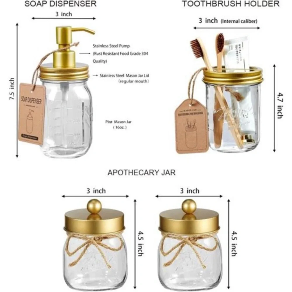 Premium Mason Jar Bathroom Accessory Set Rustic Farmhouse Decor Gold NWT
